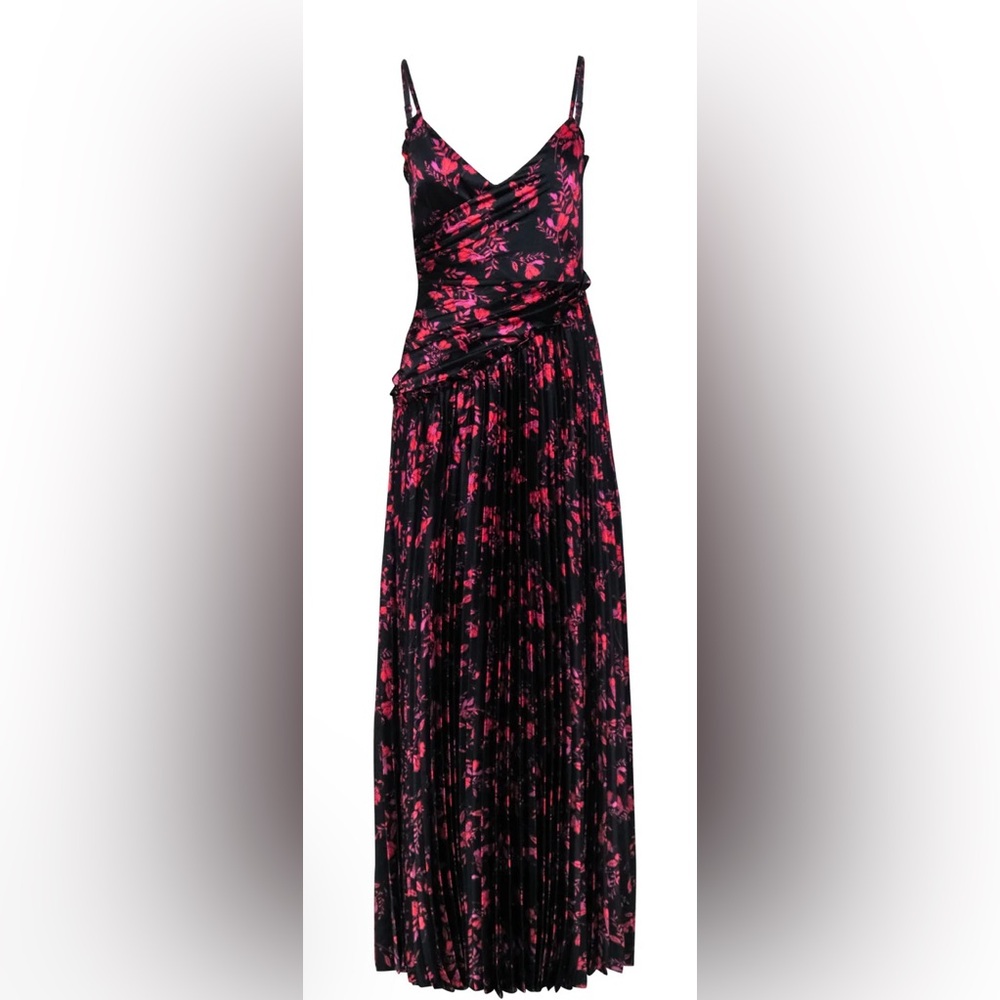 ML MONIQUE LHUILLIER Wrap-effect pleated floral-print satin maxi slip dress